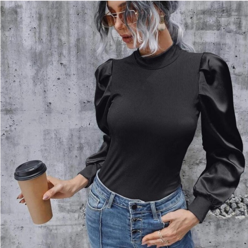 Ribbed Long Sleeve Puff Top- BLUE - Picture 3 of 13